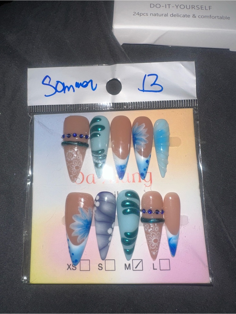 Blue Floral & Nude Press-On Stiletto Nails - 10pc Set